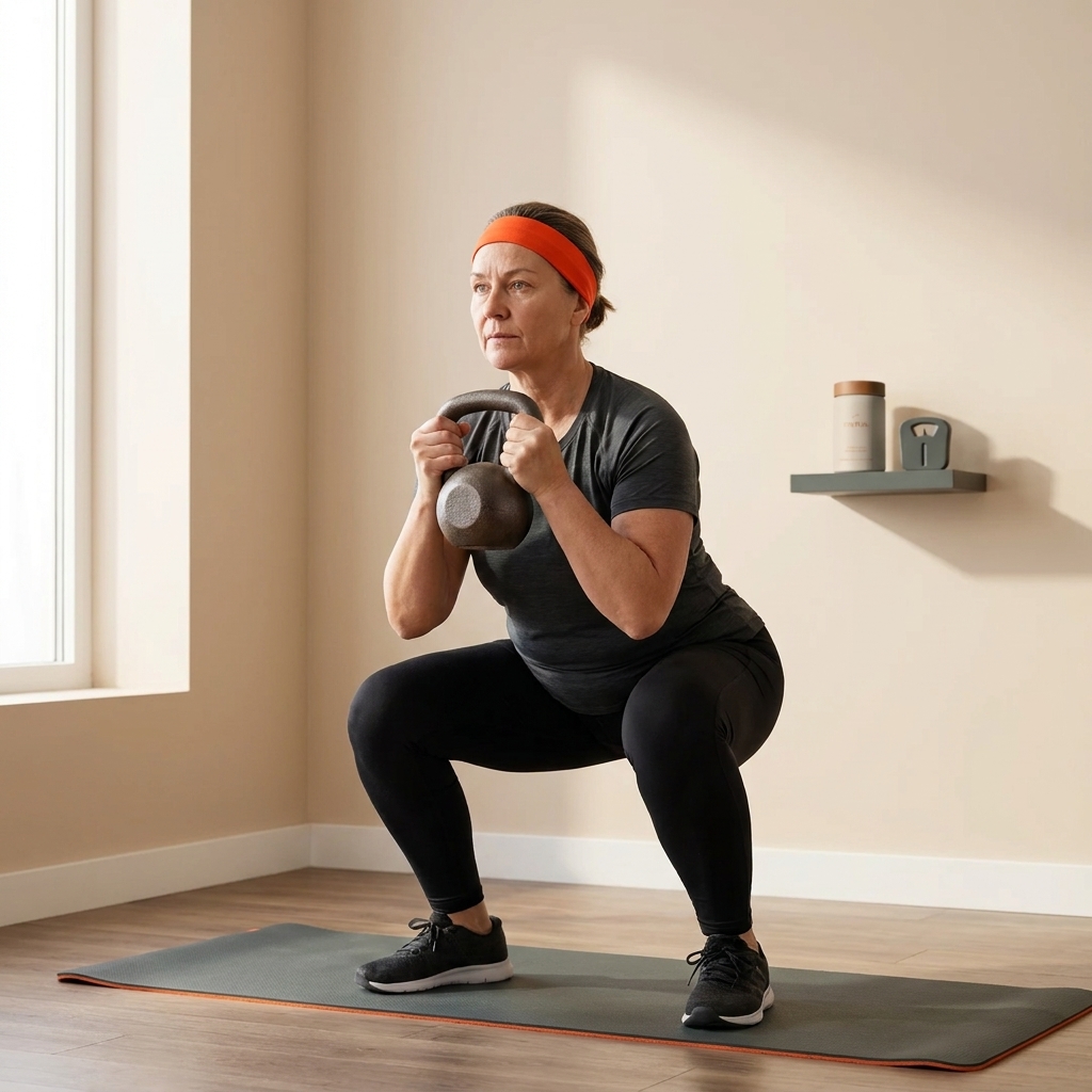 Middle-aged person doing a kettlebell squat in a tidy home gym with a Tonum supplement container on a background shelf - restart metabolism after 40