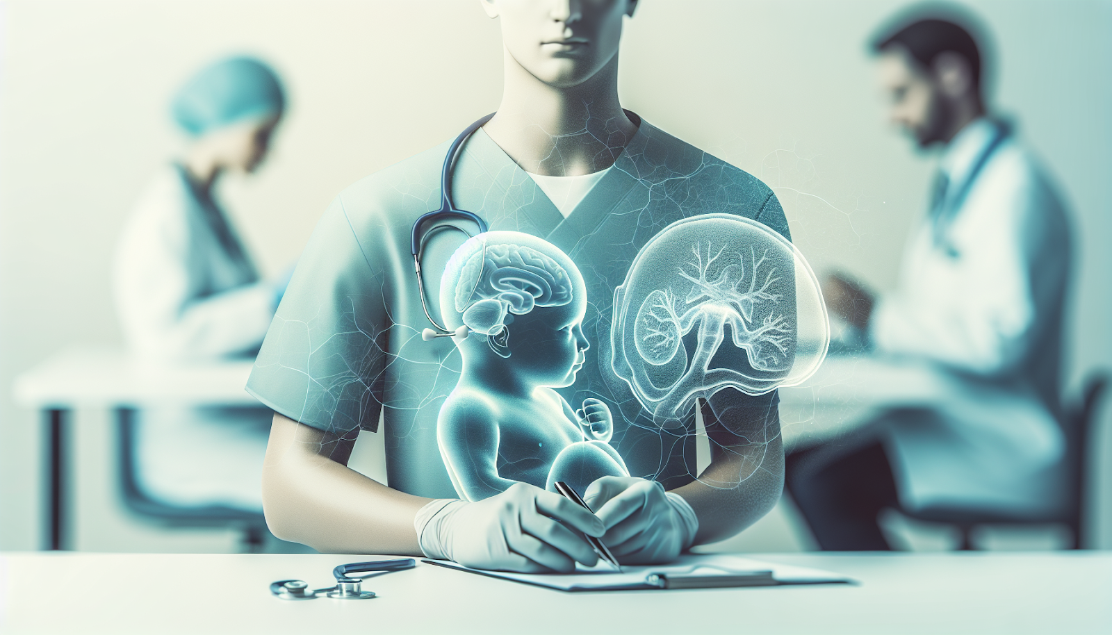 Pregnant woman protecting her belly during natural disaster showing climate change effects on fetal brain development and pregnancy health