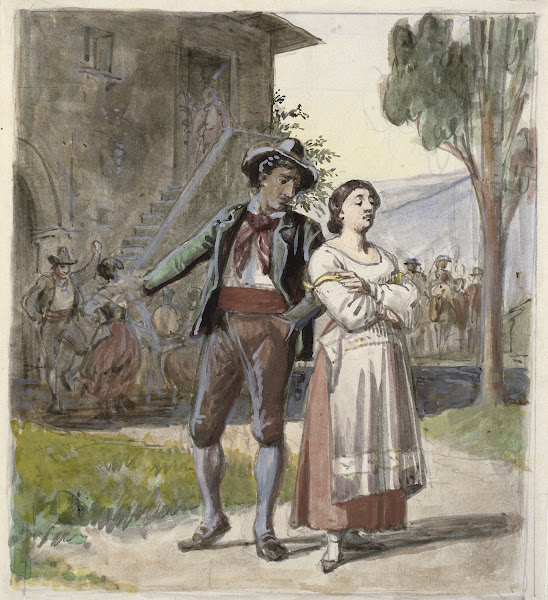 Ungt par der er uenige i baggrunden dansende foran et hus 1870  1879
