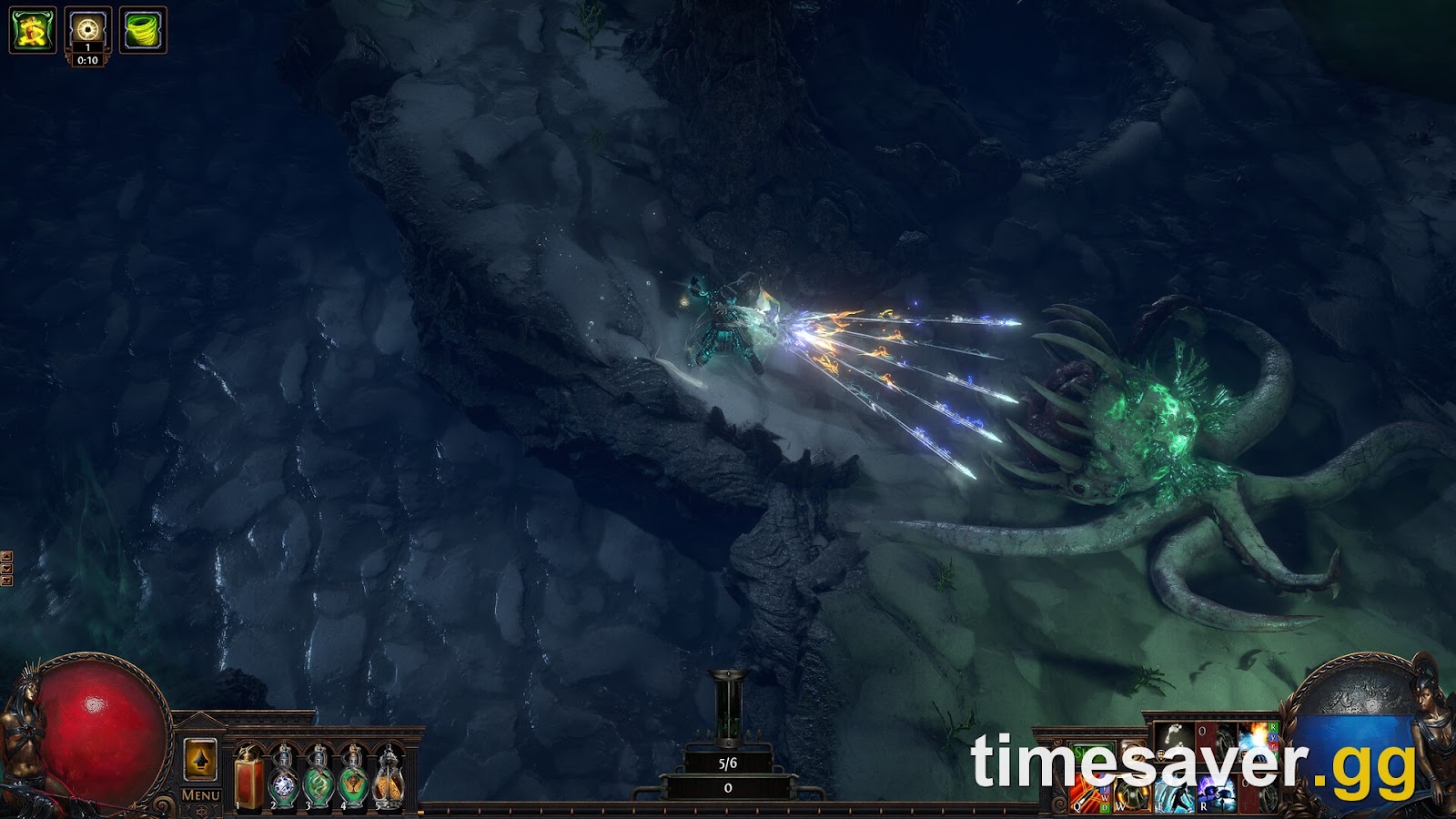 A Path of Exile character firing a volley of projectiles at a large creature in a dark cavern — a rehearsed leveling route is the prep that pays off most on day one.