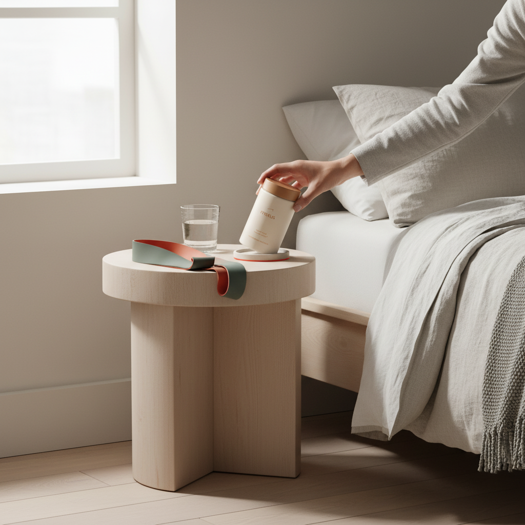 Person reaching for a Motus jar on a bedside table with water and an exercise band in a minimalist morning scene — 3 month phentermine results