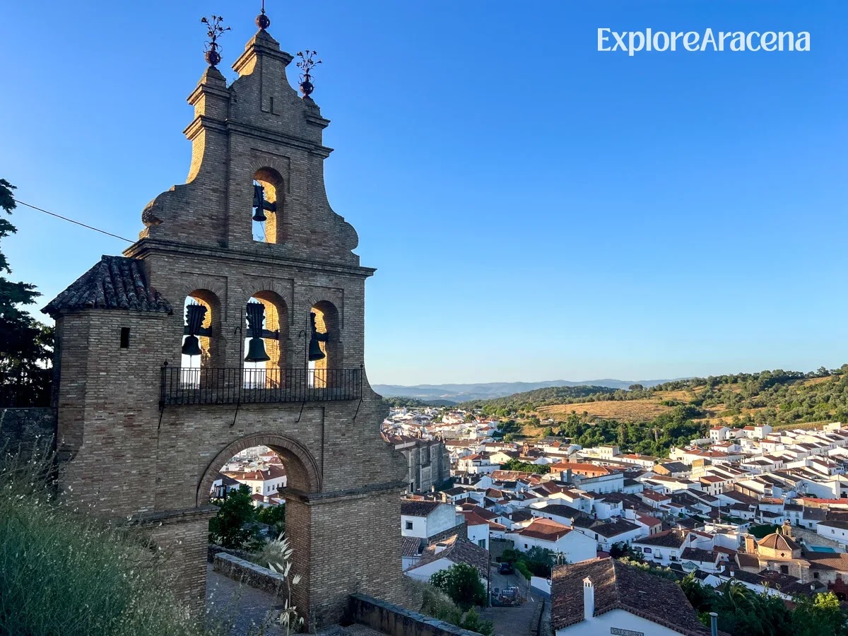 Whitewashed houses and wooded hills seen from the castle above Aracena.