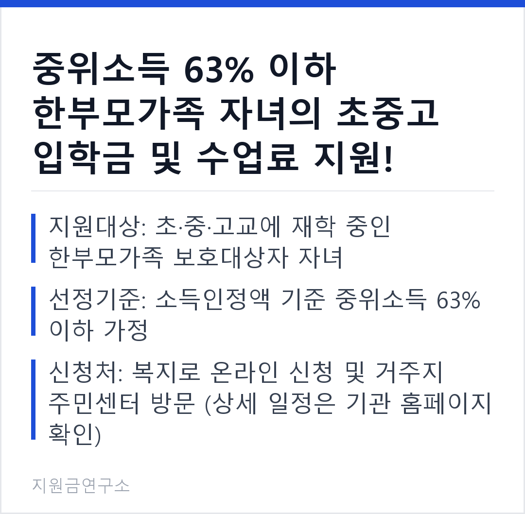 중위소득 63% 이하 한부모가족 자녀의 초중고 입학금 및 수업료 지원! 지원대상: 초·중·고교에 재학 중인 한부모가족 보호대상자 자녀 선정기준: 소득인정액 기준 중위소득 63% 이하 가정