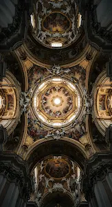 Ornate Baroque Church Dome Ceiling with Fresco and Gold Trim