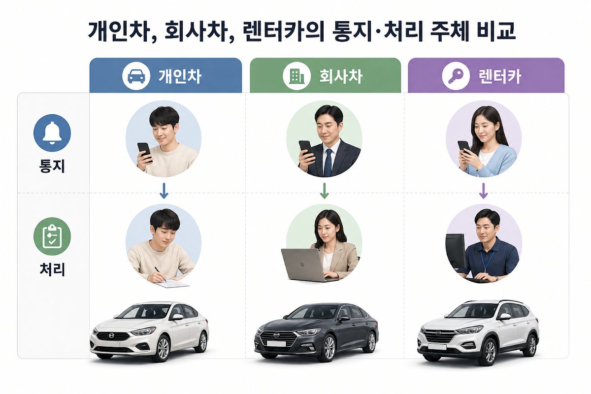 개인차, 회사차, 렌터카의 통지·처리 주체 비교