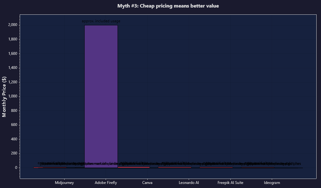 Minimal pricing chart comparing AI image generator plans, credits, estimated usable images, and commercial rights, clear and reader-friendly design