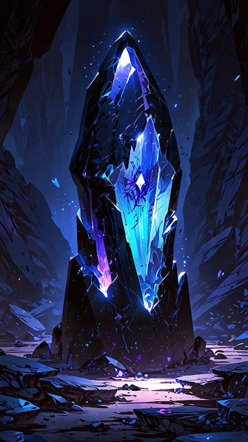 Towering Blue Crystal Obelisk In Dark Fantasy Cavern - Free mobile Wallpaper