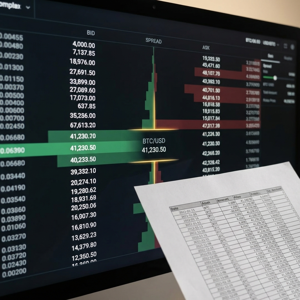 Close up of an exchange order book on a monitor with highlighted spreads depth and a printed spreadsheet showing trade sizes used to make $100 a day trading cryptocurrency