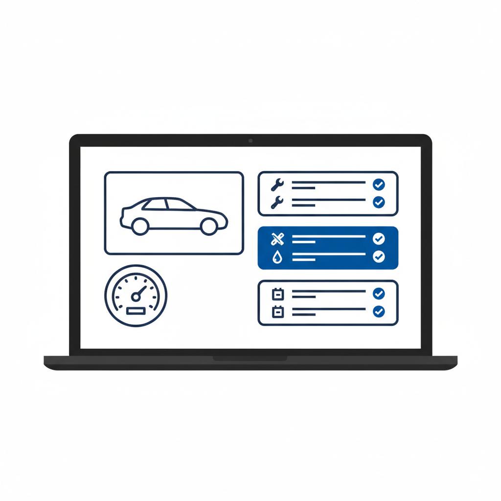 Minimalist vector laptop showing a used car listing with highlighted service records and an odometer photo chevy impala for sale