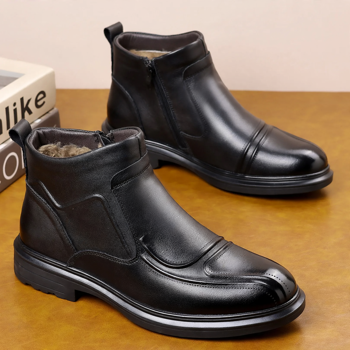 Men's Winter Boots, Genuine Leather, Lamb Wool, Zip