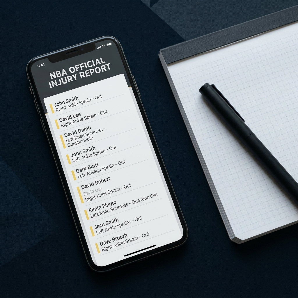 Close up of smartphone showing an official NBA injury report next to a notepad and pen on a dark Funded Plays style background for celtics heat predictions