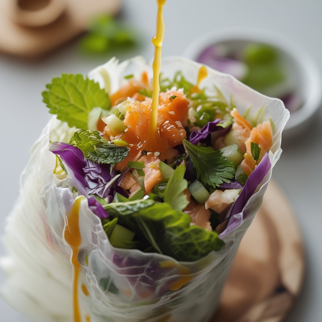 Crispy Ginger-Scallion Salmon Rice Paper Wraps with Spicy Miso Tahini Drizzle