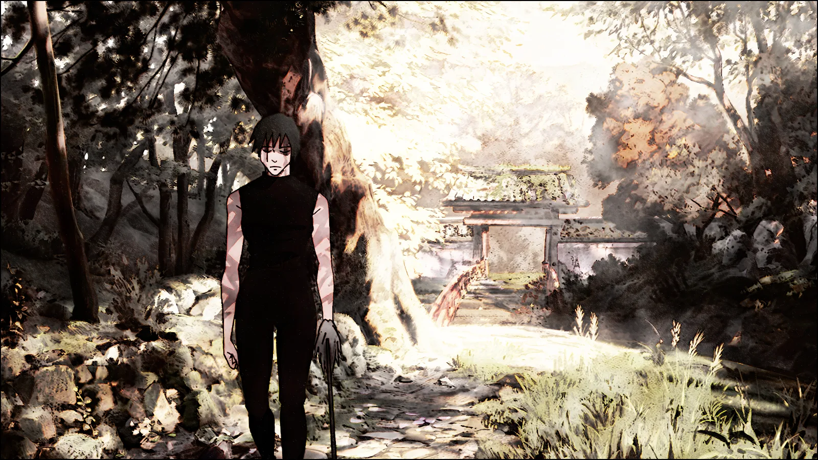 Melancholy Figure Near Shrine Gate - Stylized Digital Art 4K Wallpaper (3840x2160)