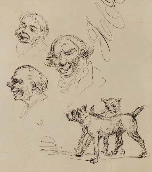 Three male heads and two dogs