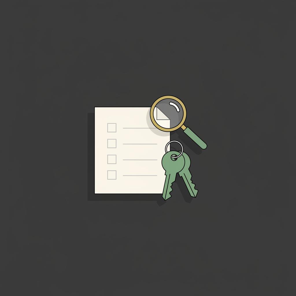 Minimalist vector illustration of a checklist sheet beside keys and a magnifying glass symbolizing how to start investing in real estate