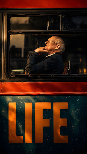 Senior gentleman in suit jacket looking out framed bus window with chin resting on hand.