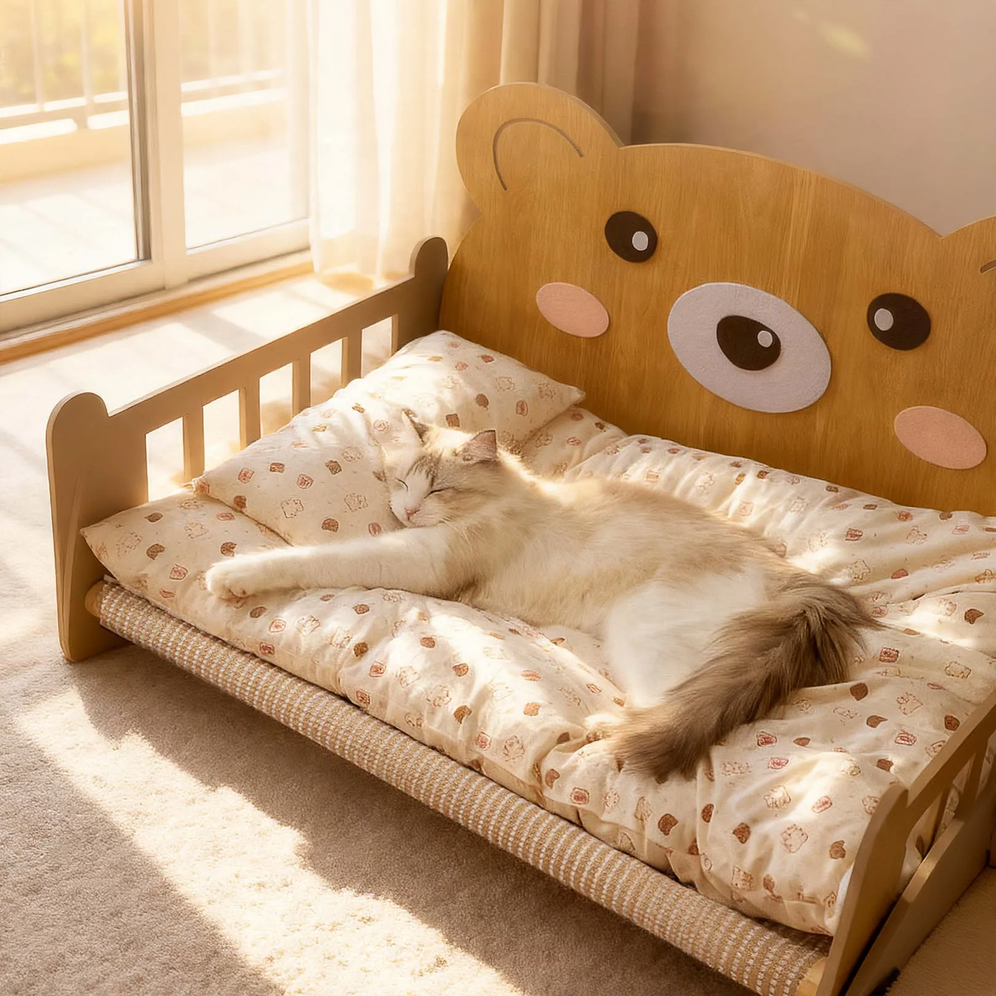 Wooden pet bed with integrated ladder