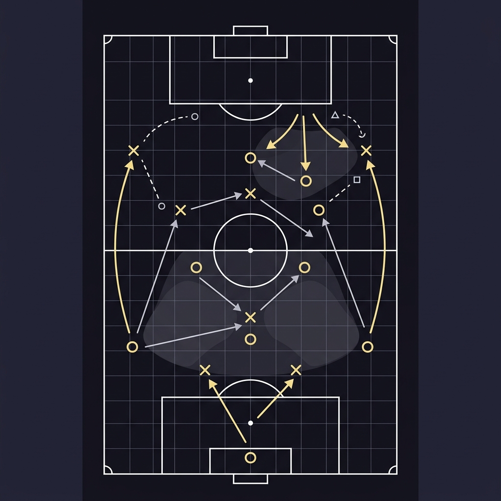 Minimalist 2D vector football tactical board with wing play arrows and pressing patterns in Funded Plays brand colors athletic bilbao prediction