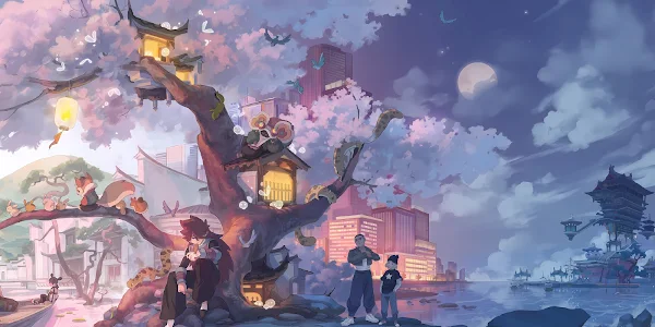 Manga, Anime Boys, Anime, Trees, Moon 8K Wallpaper Background