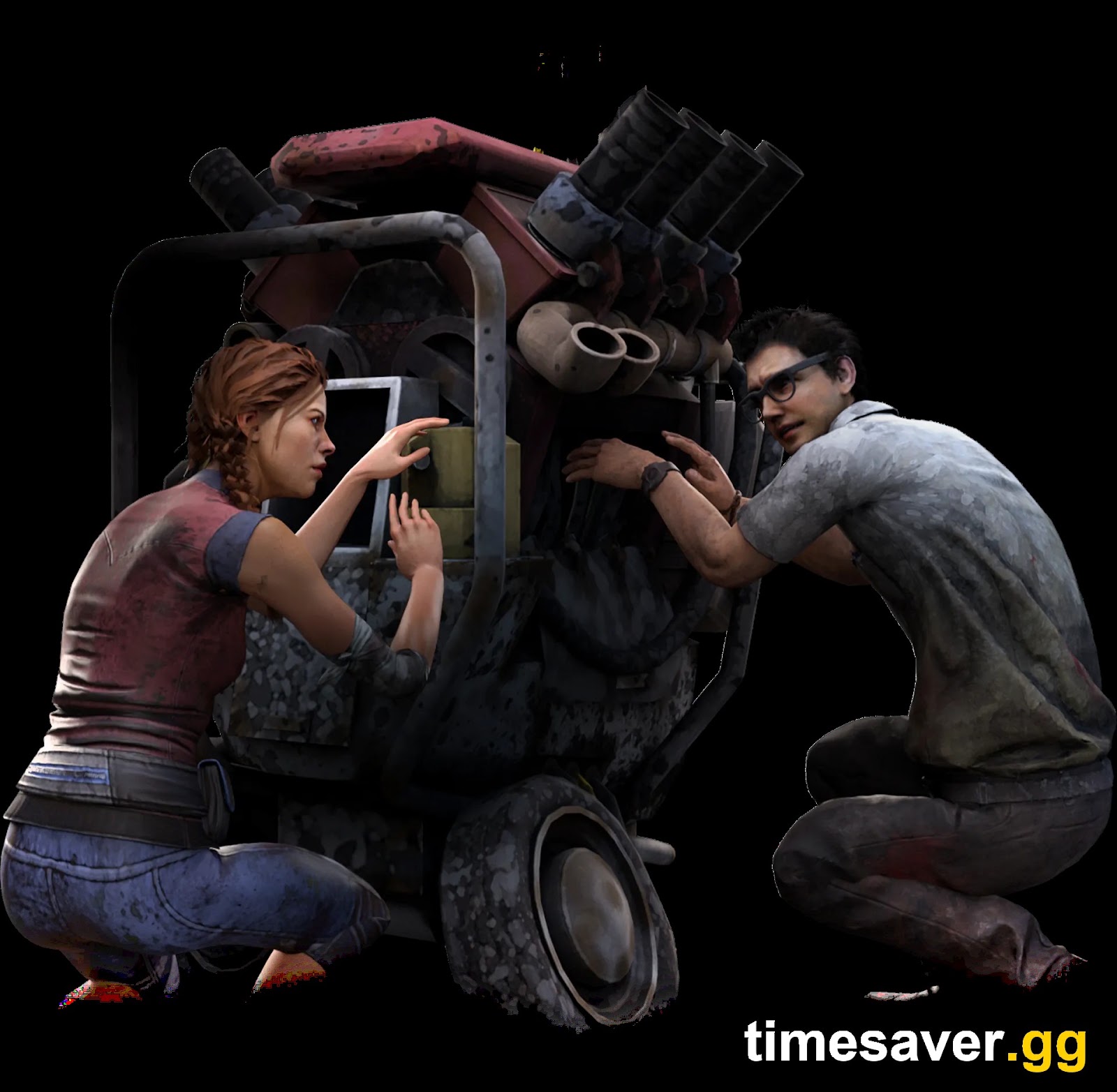 Two Dead by Daylight Survivors crouched on either side of a Generator in official promotional art