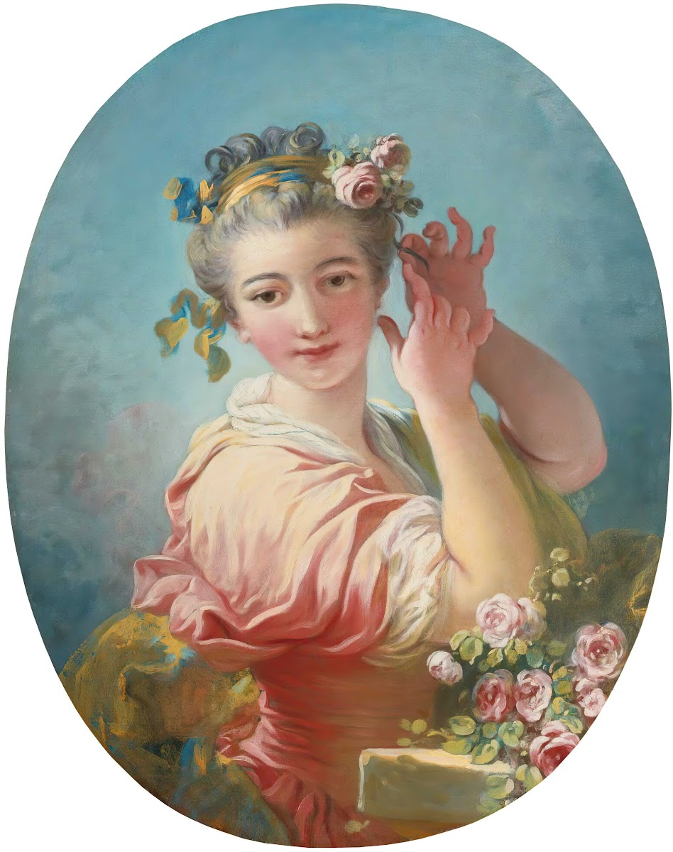 A Young Woman Adorning Her Powdered Coiffure With a Spray of Roses