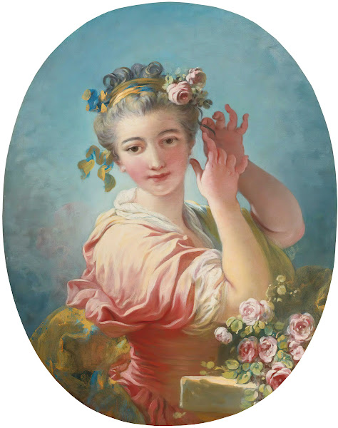 A Young Woman Adorning Her Powdered Coiffure With a Spray of Roses