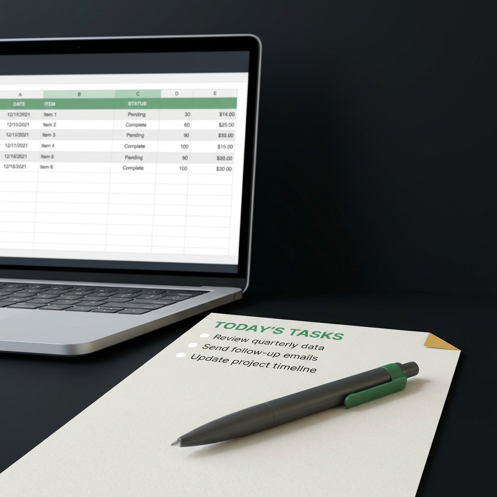 Close up checklist on desk with pen and laptop displaying a spreadsheet, minimalist Finance Police scene about how to start a hedge fund