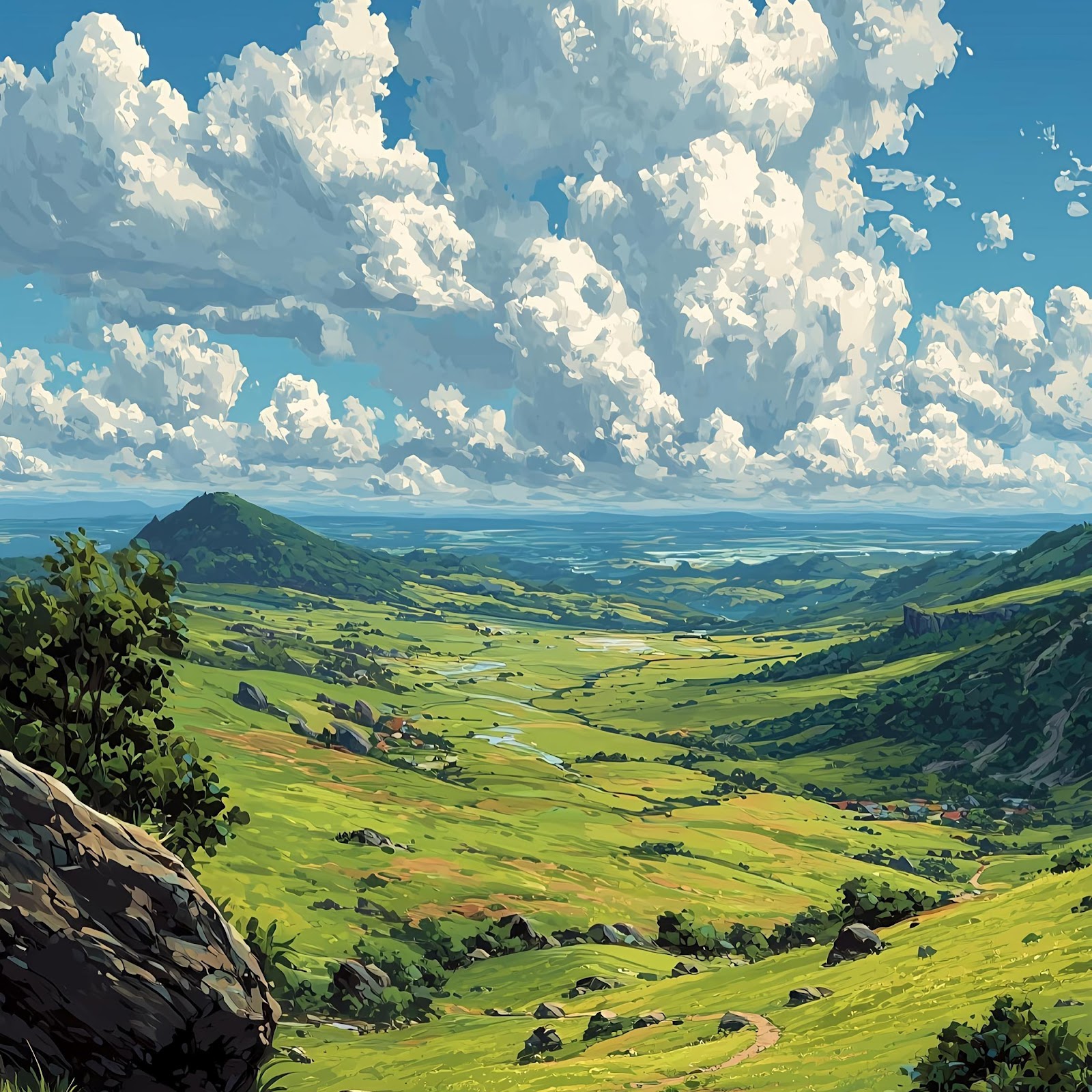 Download Lush Green Valley Anime Path 4K iPhone