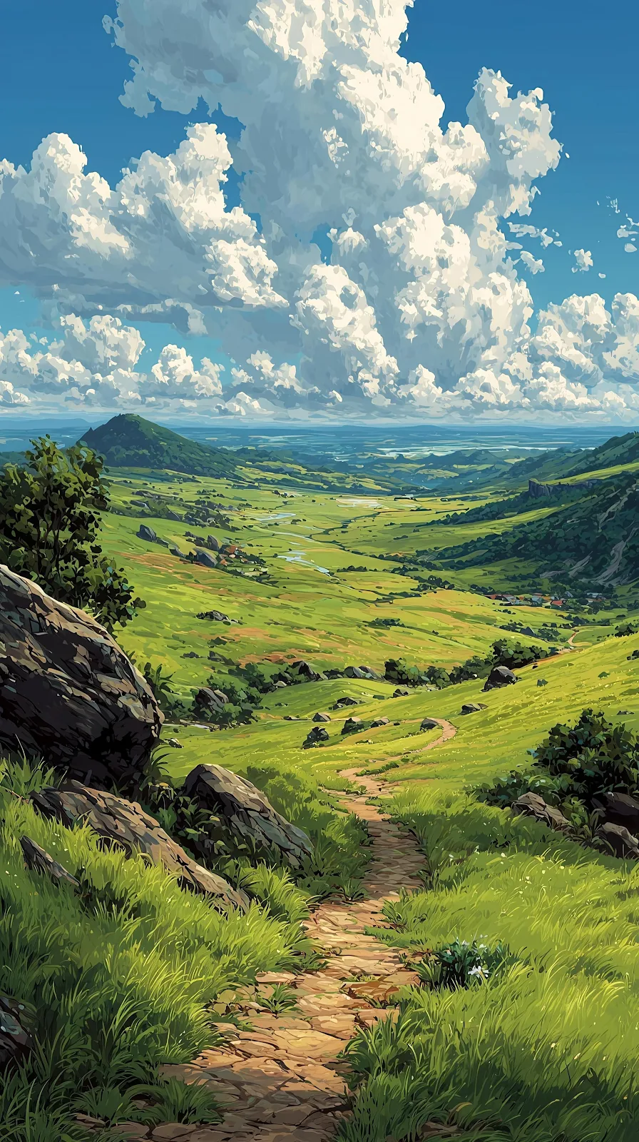 Lush Green Valley Anime Path - Anime Landscape Illustration 4K iPhone Wallpaper (2293x4096)