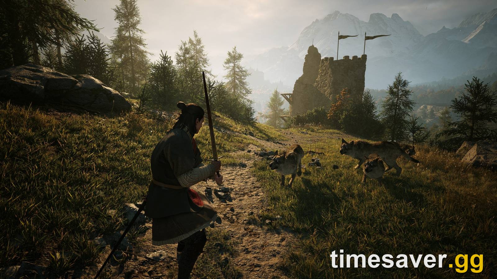 The Blood of Dawnwalker world by day — Coen with sword drawn faces a wolf pack on a sunlit Carpathian hillside below a ruined watchtower, the daytime side of Vale Sangora