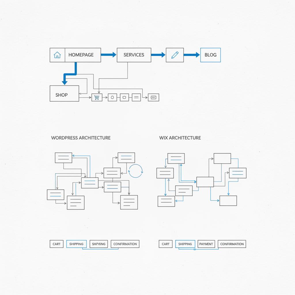 Close-up hand-drawn site map on white notebook showing homepage, services, blog and shop flow with subtle #1a5bfb accents, designed for a Wix vs WordPress comparison.