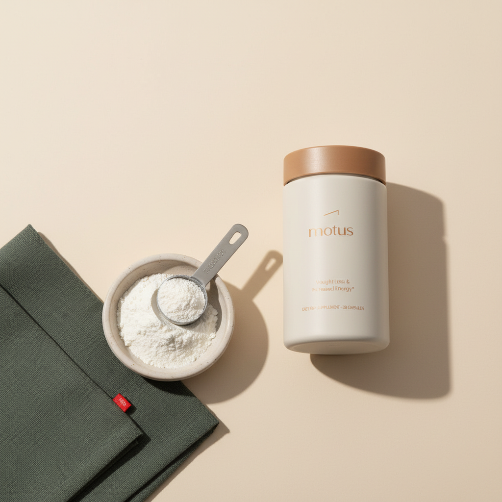 Motus supplement bottle beside a dish of whey protein isolate for weight loss, with a measuring scoop and folded cloth napkin on a beige Tonum background