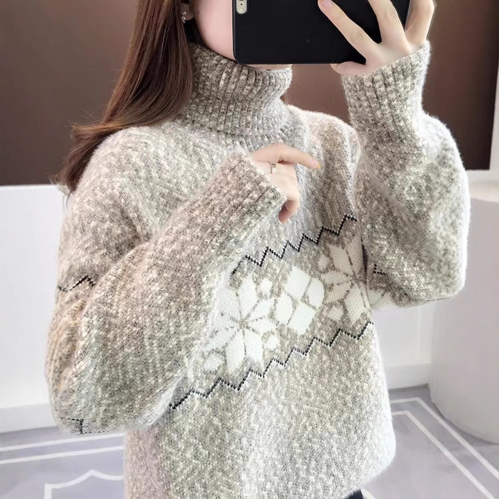 Women's knitted sweater with snowflake pattern and high collar