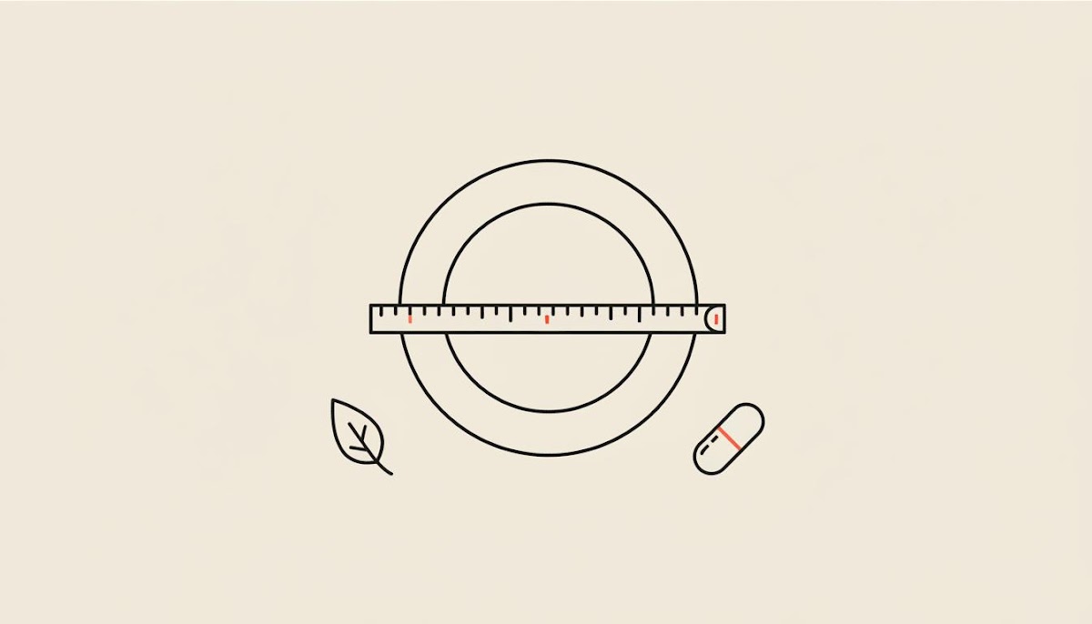 Minimal minimalist line illustration of a tape measure wrapped around a plate with a leaf and capsule on beige background, representing post menopausal belly fat management