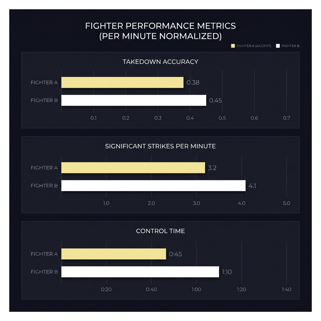 Minimalist infographic bar chart comparing takedown accuracy significant strikes per minute and control time per minute for two fighters Evaluating Wrestling vs Striking Matchups