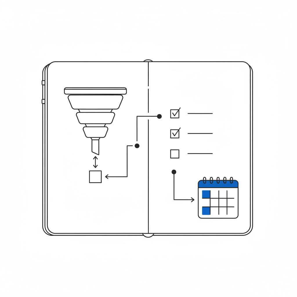Minimalist 2D vector sketchbook page showing a funnel diagram, checklist, and a highlighted 4–8 week pilot calendar on white background — Angi Pro cost