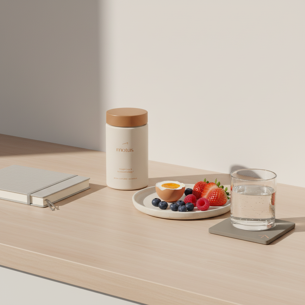 Minimalist morning routine with Motus supplement jar, journal, egg and berries on a wooden counter — How long does it take to lose weight on HRT?