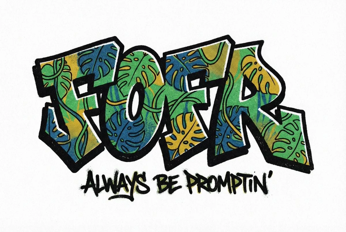 La palabra fofr como un grafiti agresivo y de bordes duros con un motivo de hoja de monstera, bellamente estilizado.
