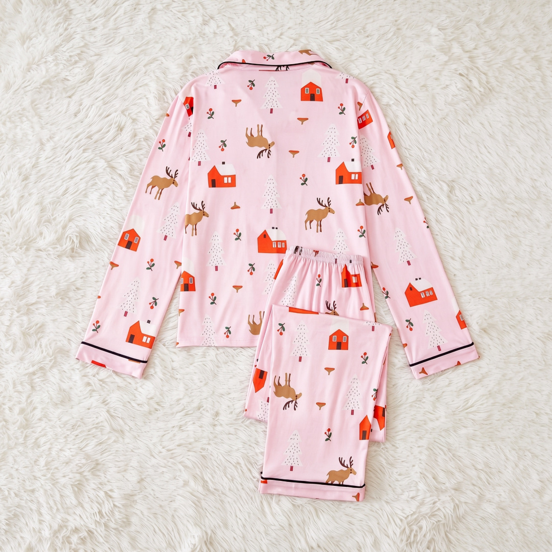Ladies' pajama set, long-sleeved, with lapel collar and Christmas motifs