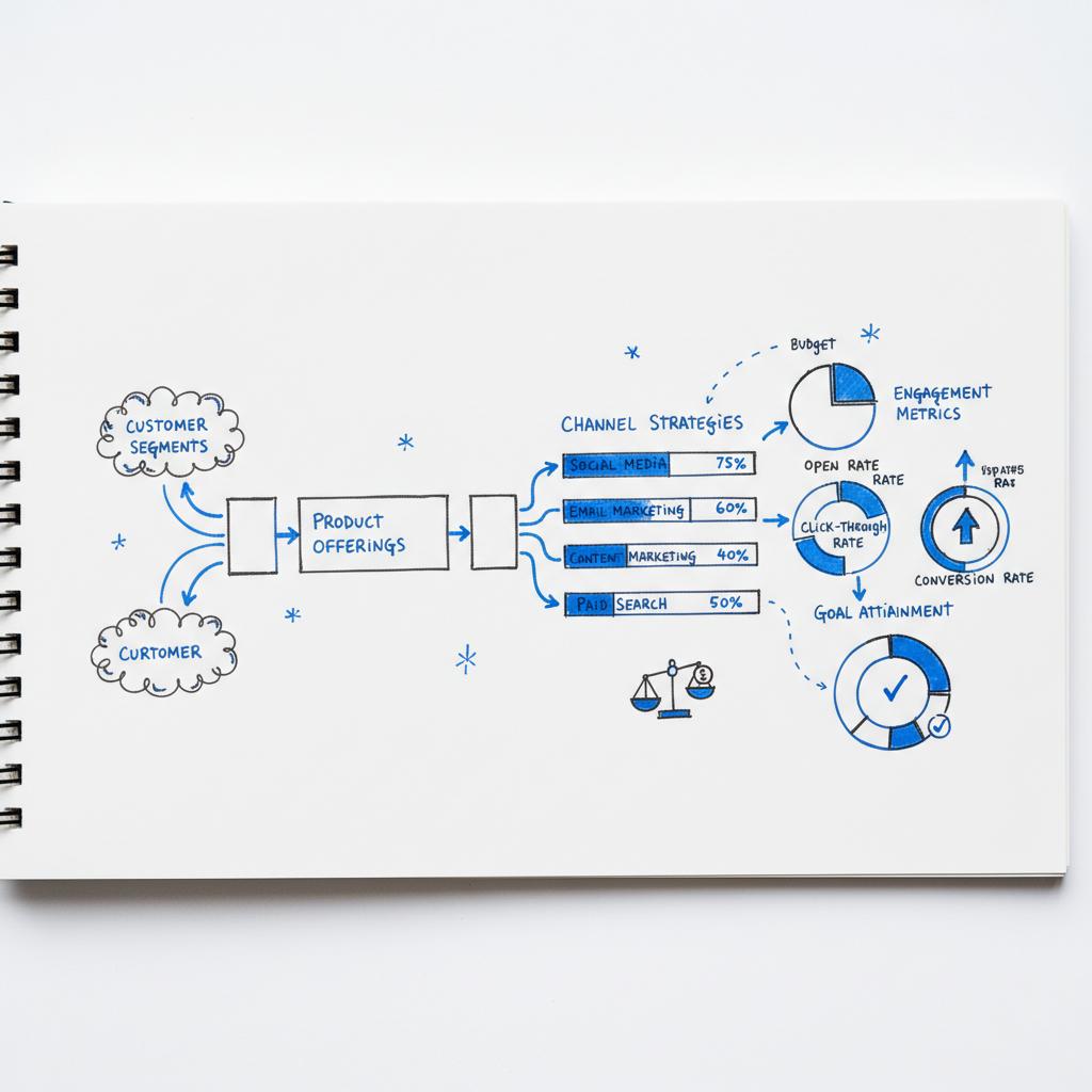 Close-up sketched campaign map on white notebook page showing search keywords flowing into landing pages with visual conversion indicators and blue highlights representing a good cost per click rate