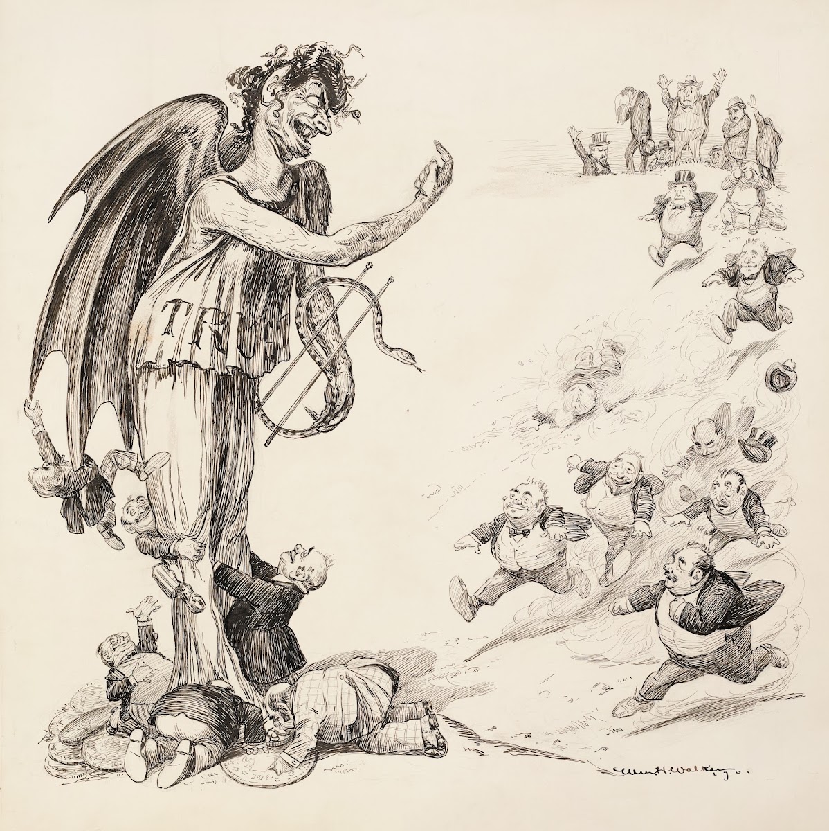 Small men in suits run towards a demon representing the Trusts and kiss his feet