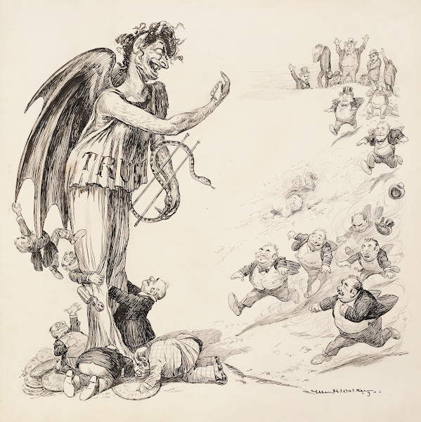 Small men in suits run towards a demon representing the Trusts and kiss his feet