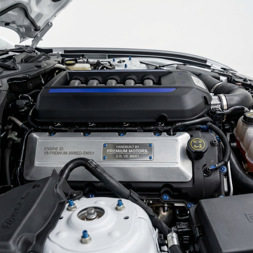 Close full frame photo of a clean V8 engine bay with visible engine stamping and polished badge plate for c63 amg for sale on a minimalist white background with subtle blue accents