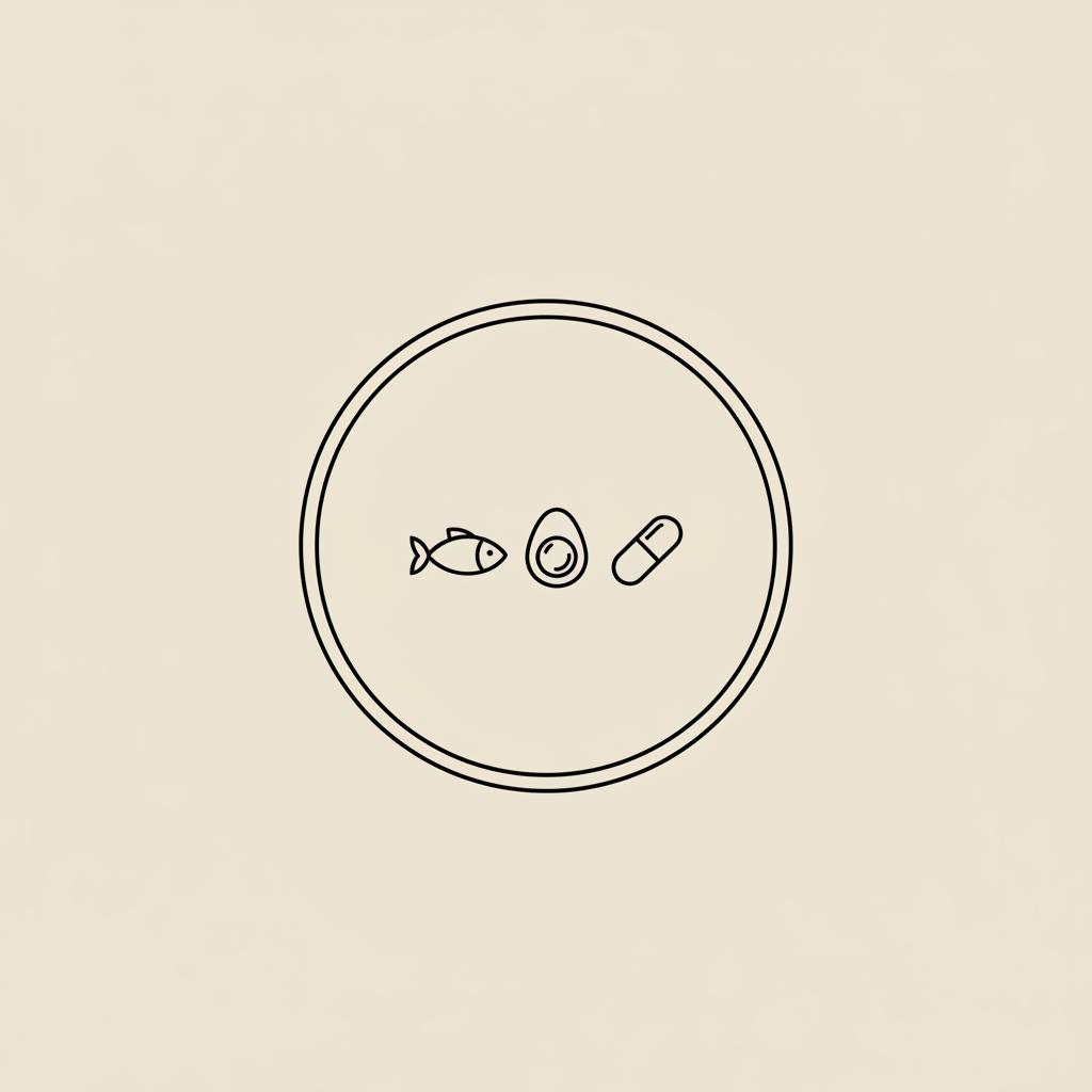 Minimal Tonum-style line illustration of a plate with fish, egg, and capsule symbolizing balanced nutrition to support efforts to lose 30 lbs in 3 months