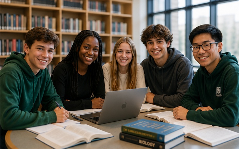 10th grade students studying together in the library