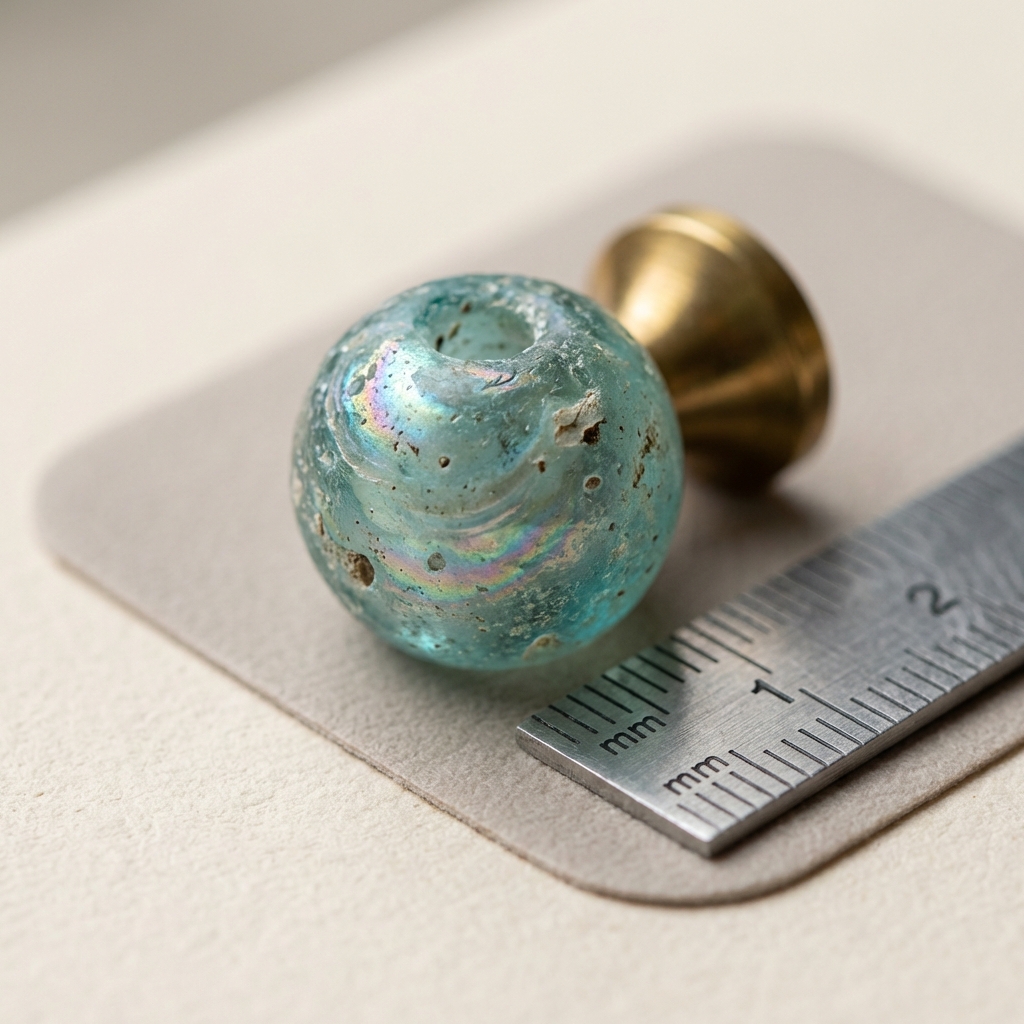 Close up of an aqua roman glass jewelry bead with iridescent surface and pitting beside a small ruler for scale on a warm beige background #ede7da