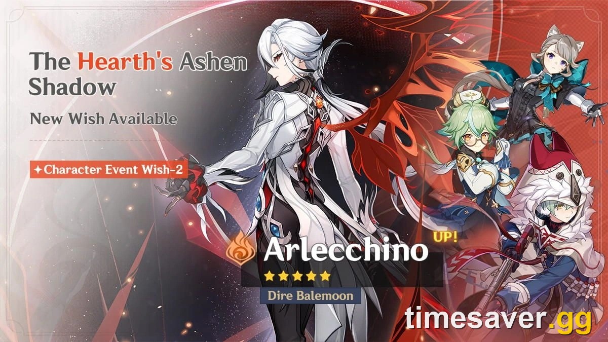 The Hearth's Ashen Shadow wish banner from August 2026, Arlecchino's most recent Character Event Wish, with Alyosha, Sucrose and Lynette