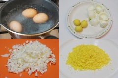 Trứng tách lòng đỏ và lòng trắng. Lòng đỏ dùng tay bóp nhuyễn cho vào hỗn hợp salad, lòng trắng và thịt nguội cắt hạt lựu.