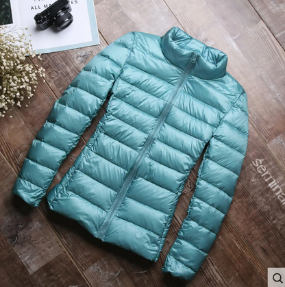 Short Women's Down Jacket, White Duck Down Filling, Stand-Up Collar