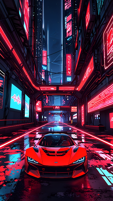 Red Neon Cyberpunk Alleyway Sports Car Synthwave - Free mobile Wallpaper